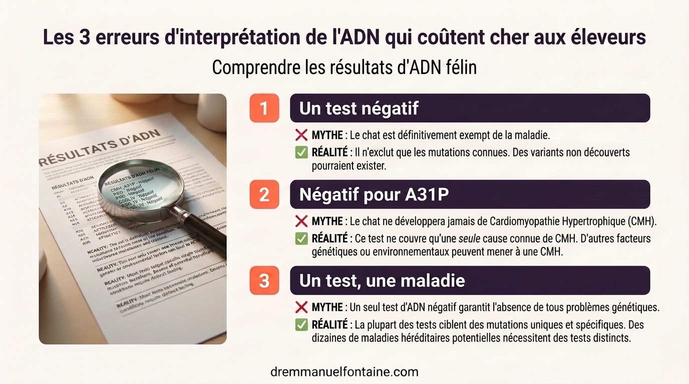 Infographie des trois erreurs de lecture d'un test ADN félin
