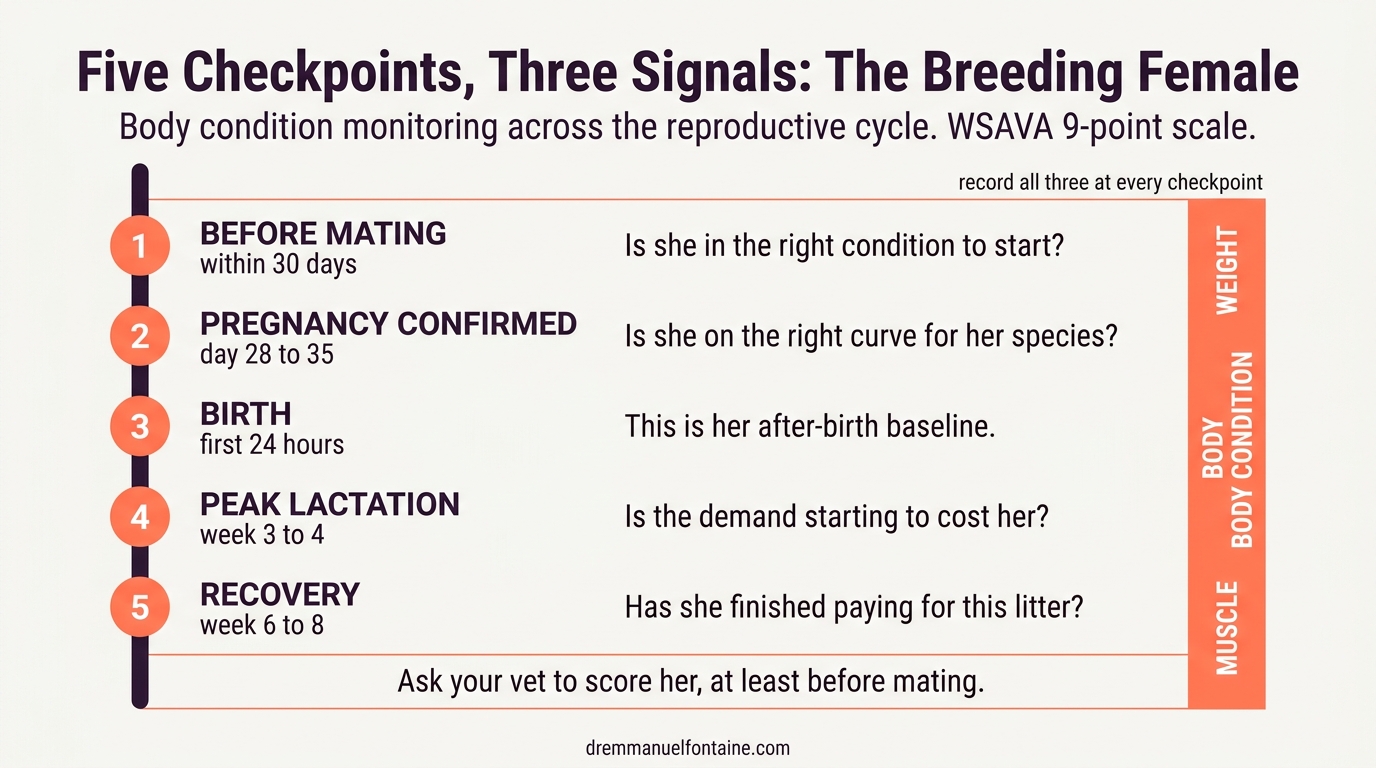 Five body condition checkpoints across the breeding cycle in the dog and cat, infographic