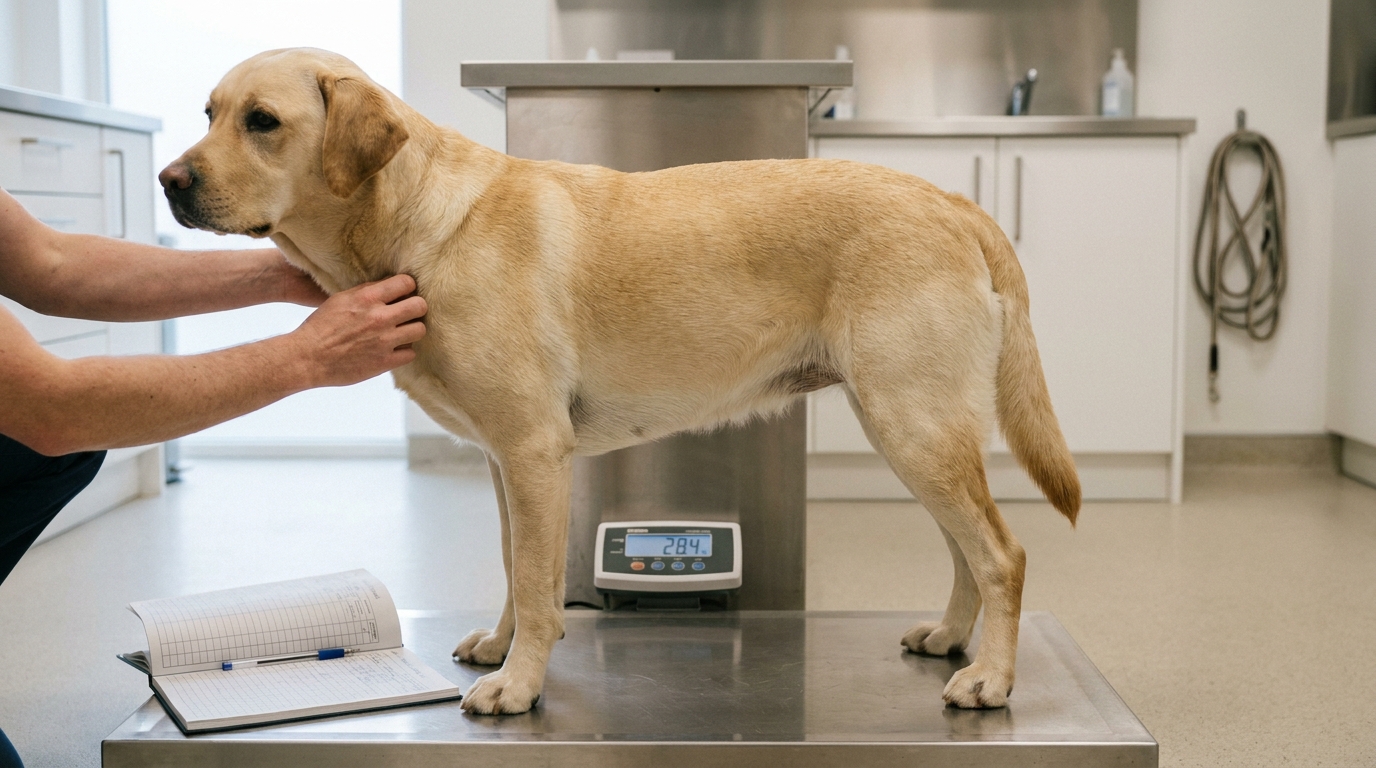 Yellow Labrador Retriever standing on a veterinary platform scale beside an open weight record, illustrating weekly body condition monitoring in a breeding female.