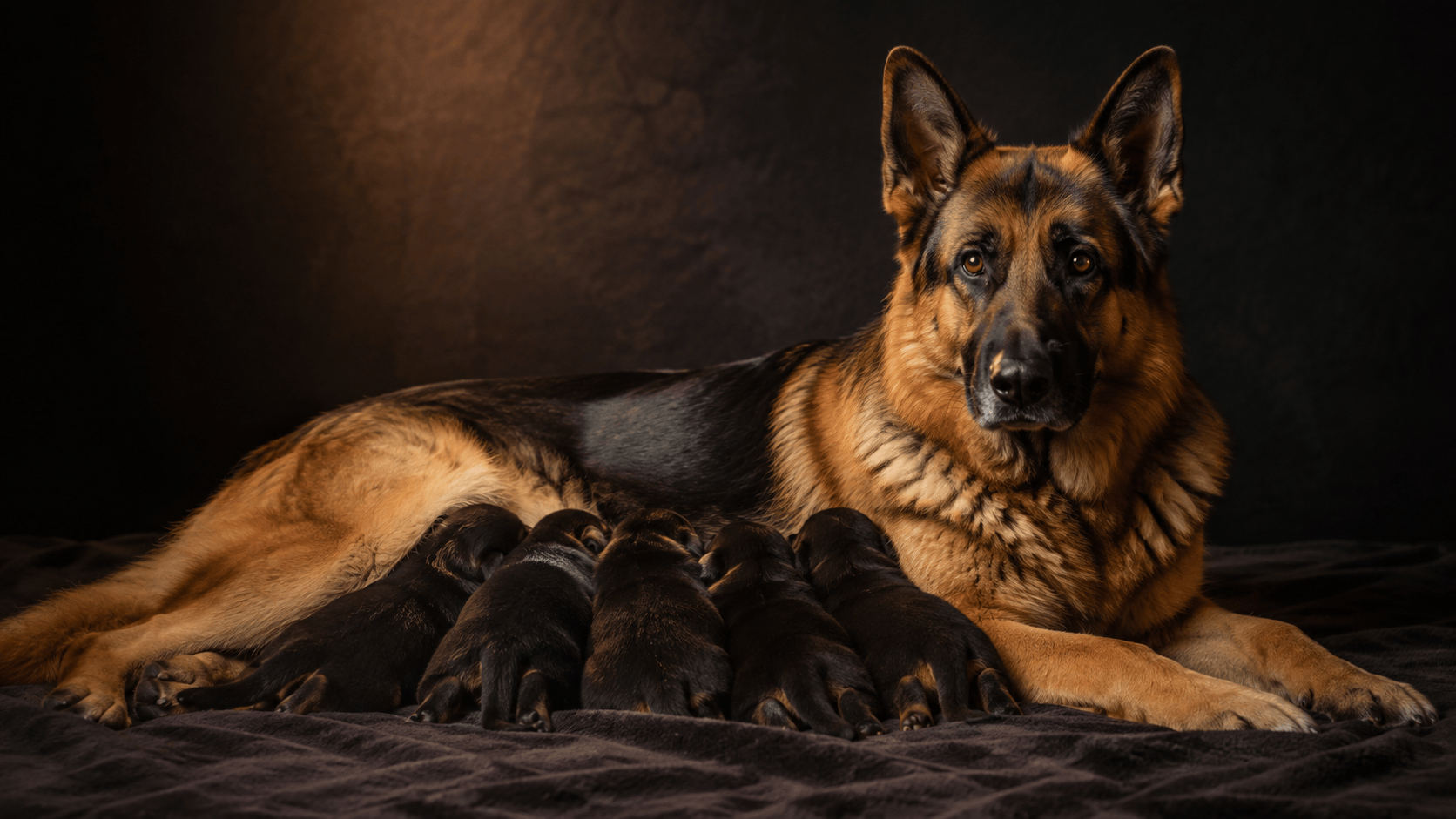 German Shepherd dam lying down nursing a litter of newborn puppies during early lactation