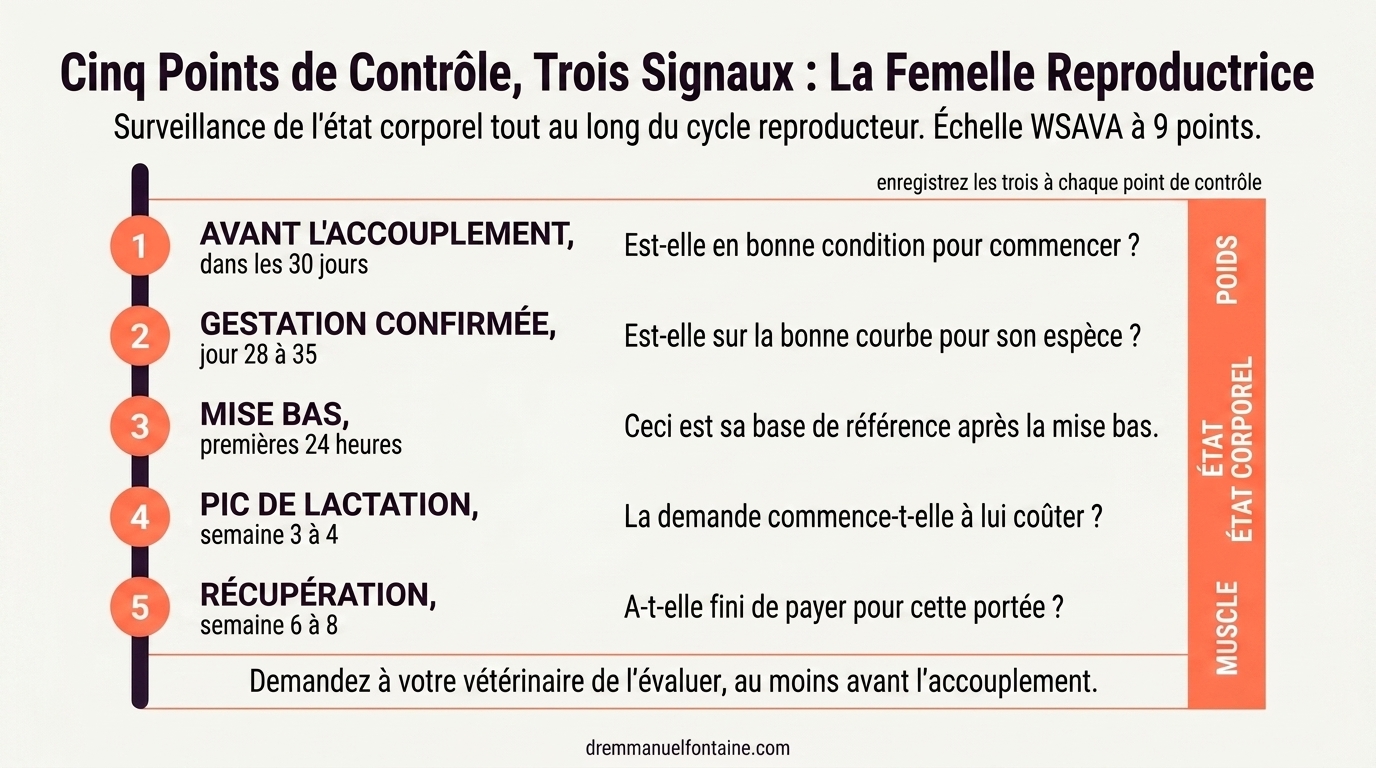 Cinq points de controle de l'etat corporel sur le cycle de reproduction, chienne et chatte, infographie