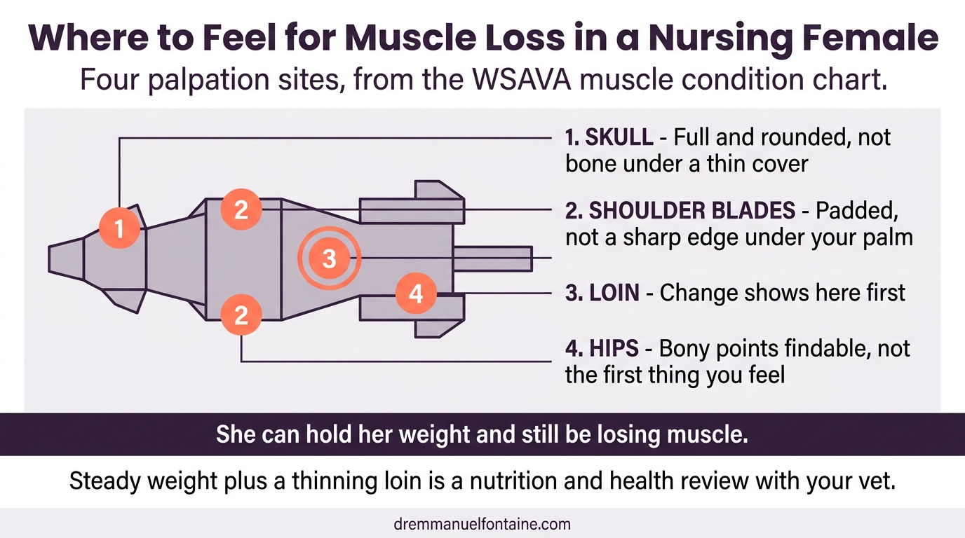 The four muscle palpation sites used to detect muscle loss in a nursing female, infographic