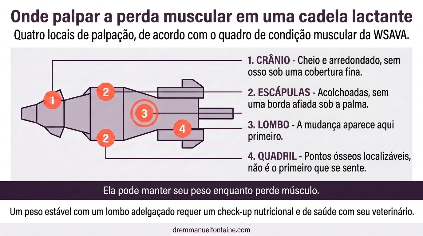 Os quatro pontos de palpacao muscular para detectar perda de musculo em uma femea lactante, infografico