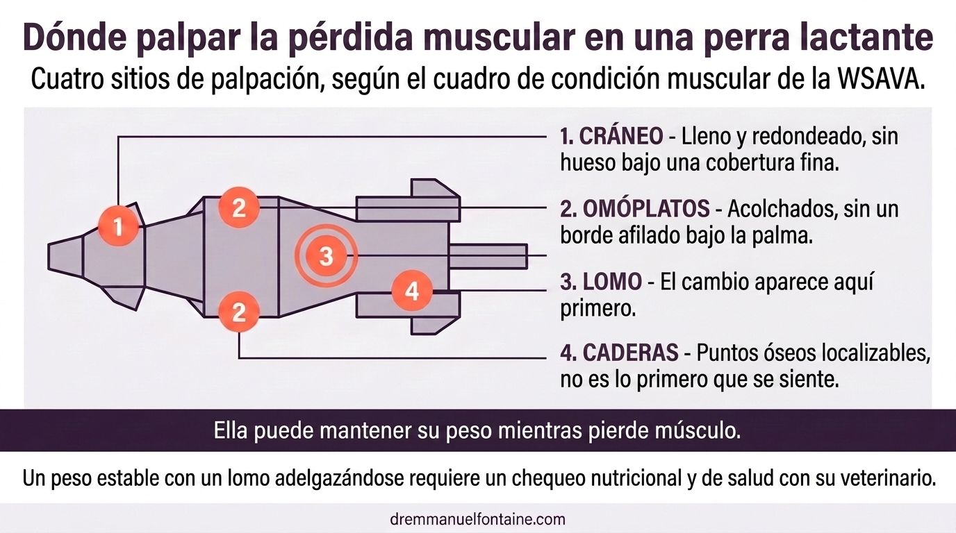 Los cuatro puntos de palpacion muscular para detectar perdida de musculo en una hembra lactante, infografia