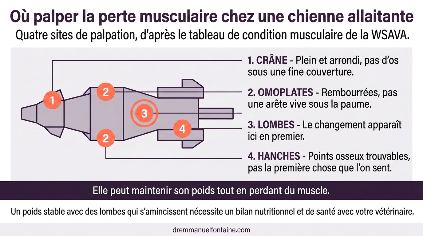 Les quatre sites de palpation musculaire pour detecter la perte de muscle chez une femelle allaitante, infographie