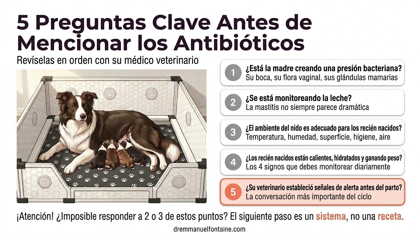 5 preguntas antes de los antibióticos en cachorros y gatitos recién nacidos, infografía