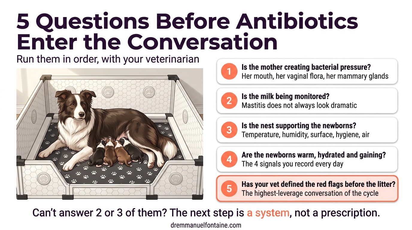 5 questions before antibiotics for newborn puppies and kittens infographic
