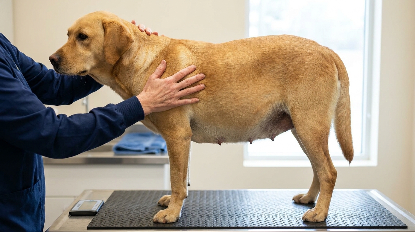 Veterinarian's hand resting flat on the ribs of a pregnant yellow Labrador standing on a clinic floor scale for a body condition score