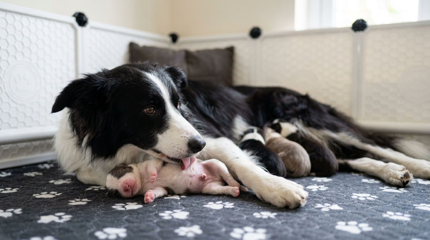 Border Collie mother gently licking a newborn puppy's umbilical stump in a clean whelping box