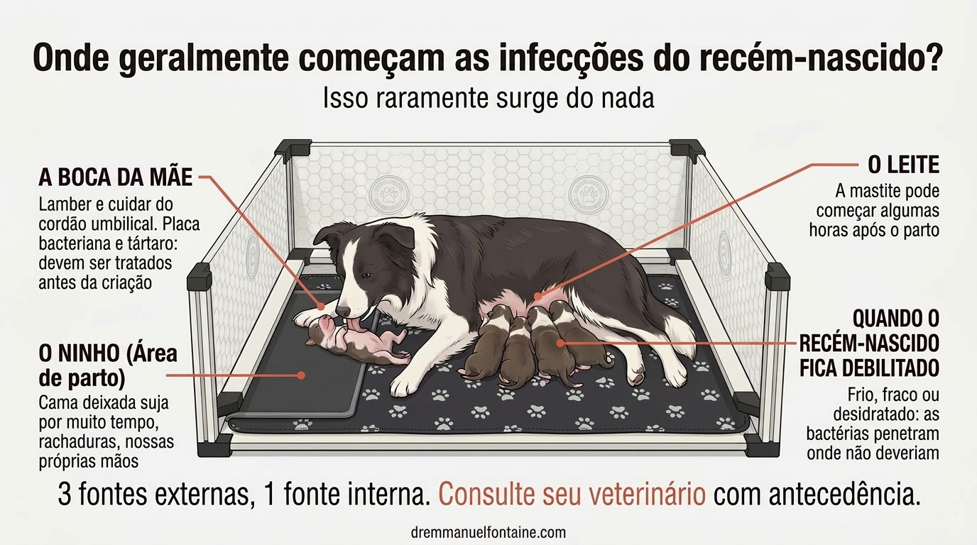 Onde começam as infecções de filhotes e gatinhos recém-nascidos, infográfico