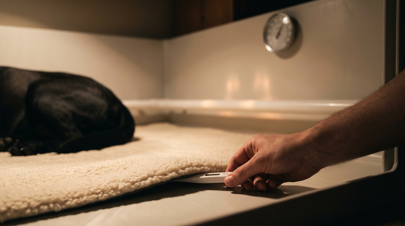 Hand sliding a thermometer under veterinary fleece on the floor of a whelping box while a pregnant Labrador rests, with the wall thermometer behind